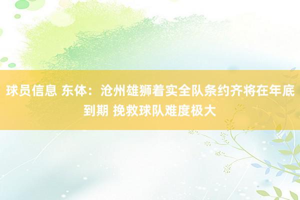 球员信息 东体：沧州雄狮着实全队条约齐将在年底到期 挽救球队难度极大