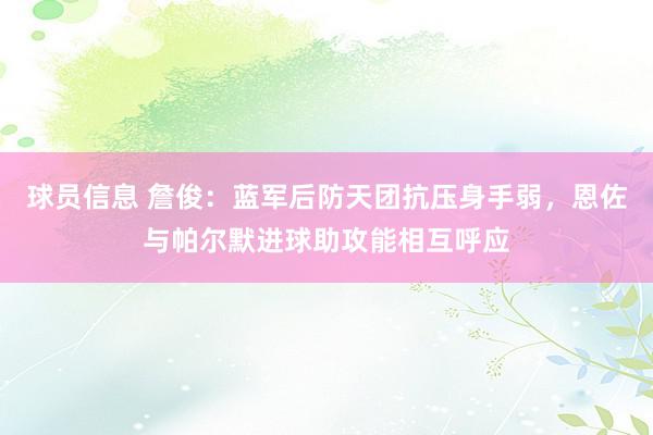 球员信息 詹俊：蓝军后防天团抗压身手弱，恩佐与帕尔默进球助攻能相互呼应